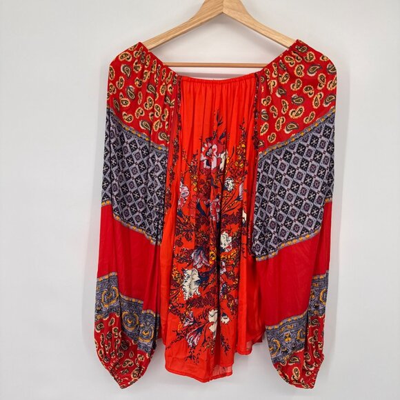 Free People  Positano Orange Patchwork Print Blouse size extra small oversized - Picture 14 of 14